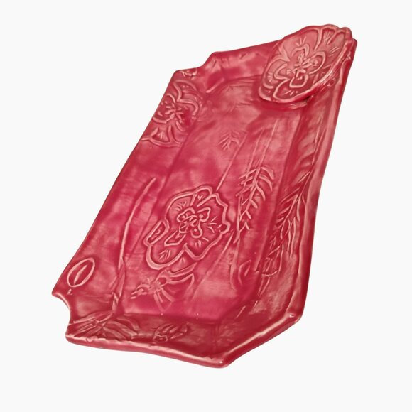 Red Art Pottery Trinket Dish, Signed MS, Floral Embossed Ceramic Vanity Tray 9" - Picture 10 of 10